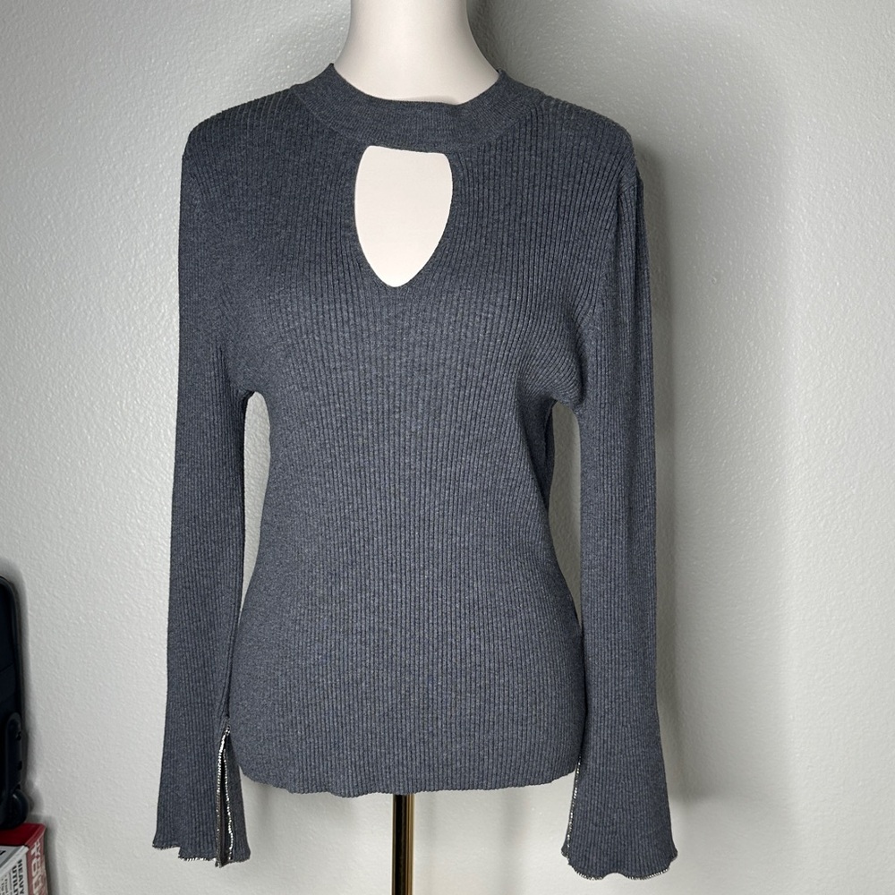 INC International Concepts Ribbed Keyhole Long-Sleeve Top in Charcoal Gray